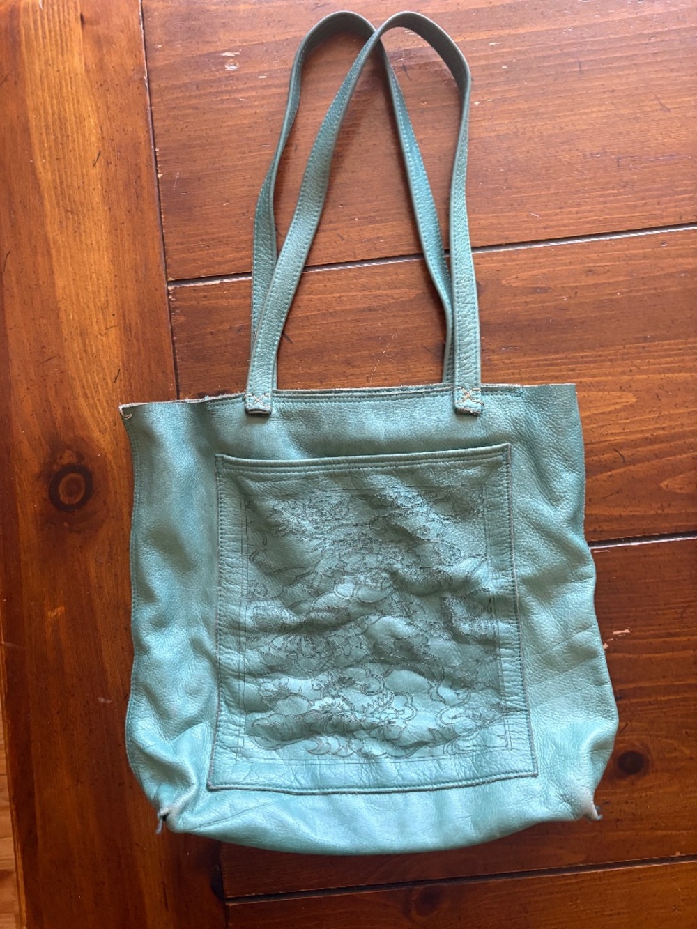 Vintage Teal Colored Leather Zippered Tote with Floral Detail